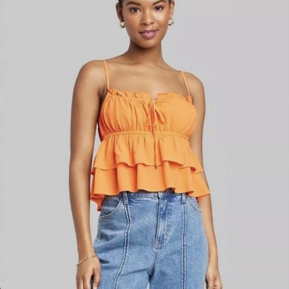 wild fable Tops - Wild Fable vibrant orange sleeveless tiered ruffle camisole cropped blouse